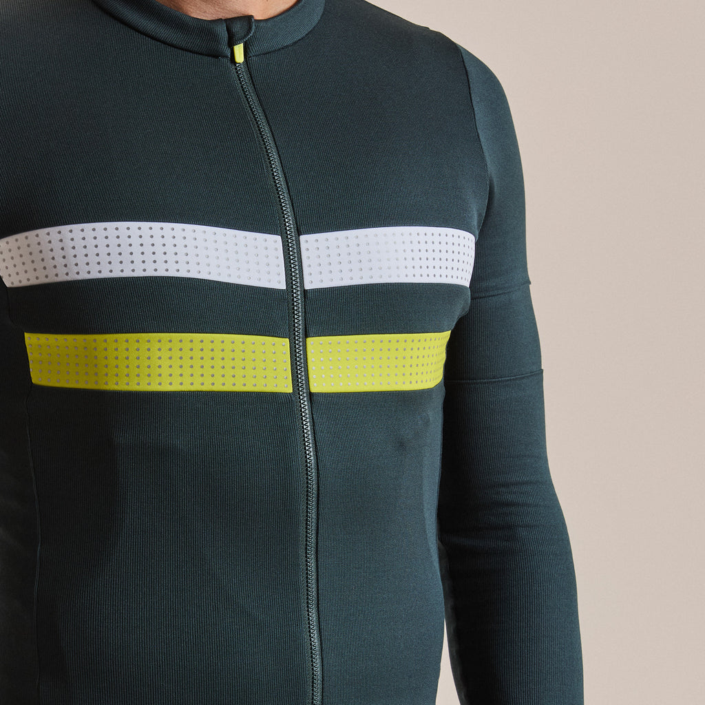 Men's Brevet Long Sleeve Merino Jersey III - Dark Forest/Chartreuse