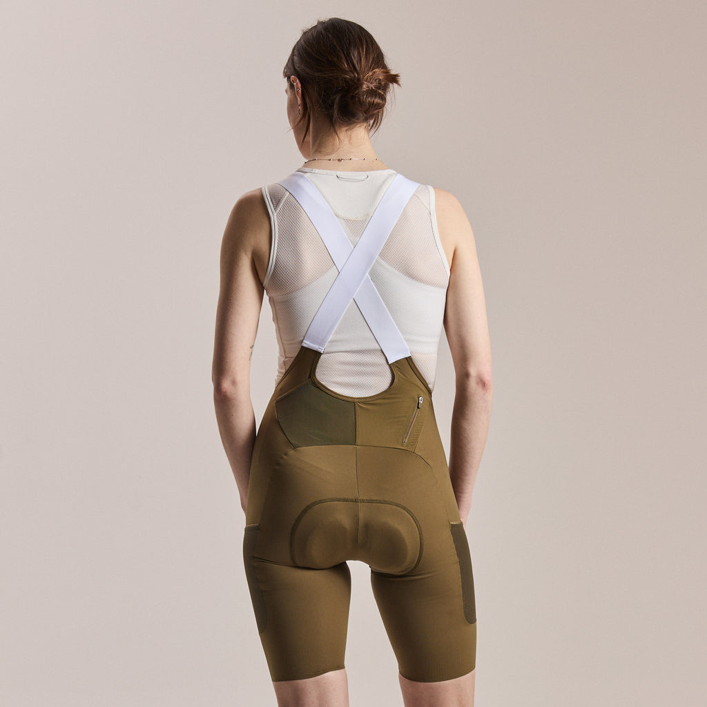 Women's Brevet Cargo Bib Shorts III - Dark Olive/White